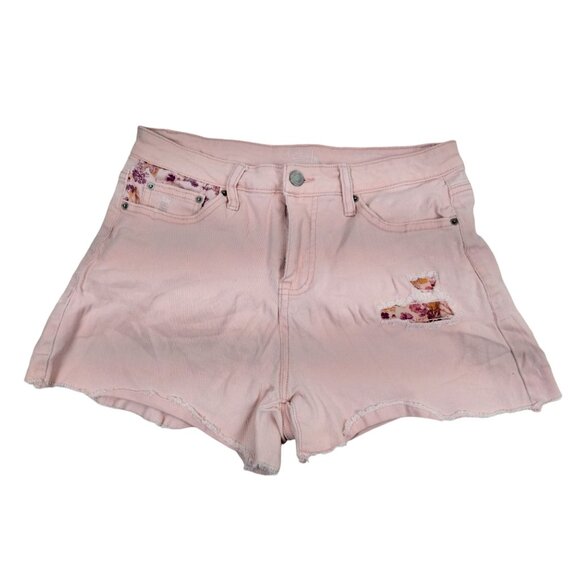 Time & Tru Womens Size 6 Pink Floral Patch High Rise Frayed Hem Denim Shorts - Picture 1 of 7